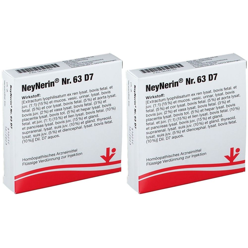 Zwei rechteckige Schachteln mit der Aufschrift NeyNerin® Nr. 63 D7. Roter Streifen am unteren Rand. Text in Deutsch.