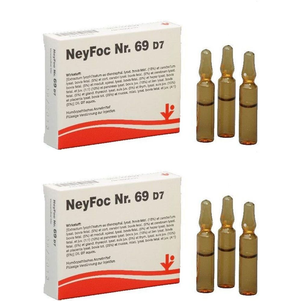Zwei Packungen mit "NeyFoc Nr. 69 D7"-Aufdruck. Daneben je drei braune Ampullen.