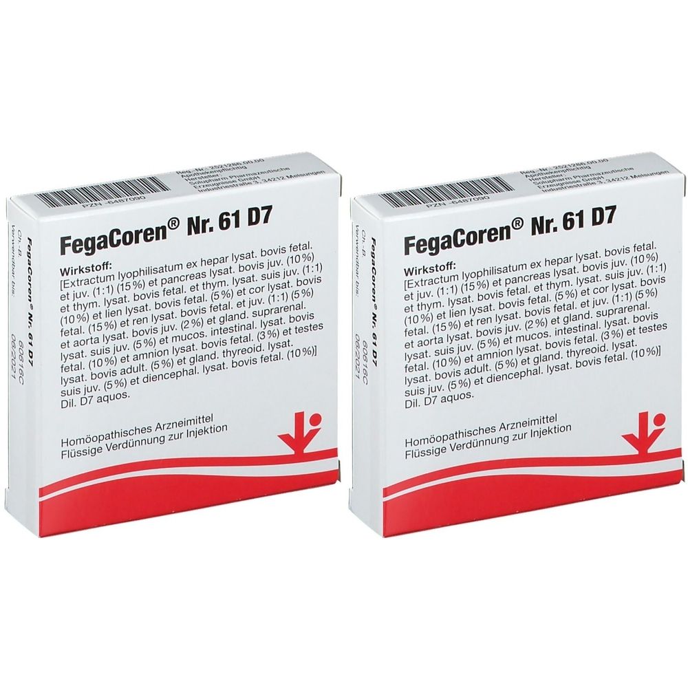 Zwei weiße Schachteln mit der Aufschrift "FegaCoren Nr. 61 D7". Text in deutscher Sprache, darunter Inhaltsstoffe und Anwendungsbereich.