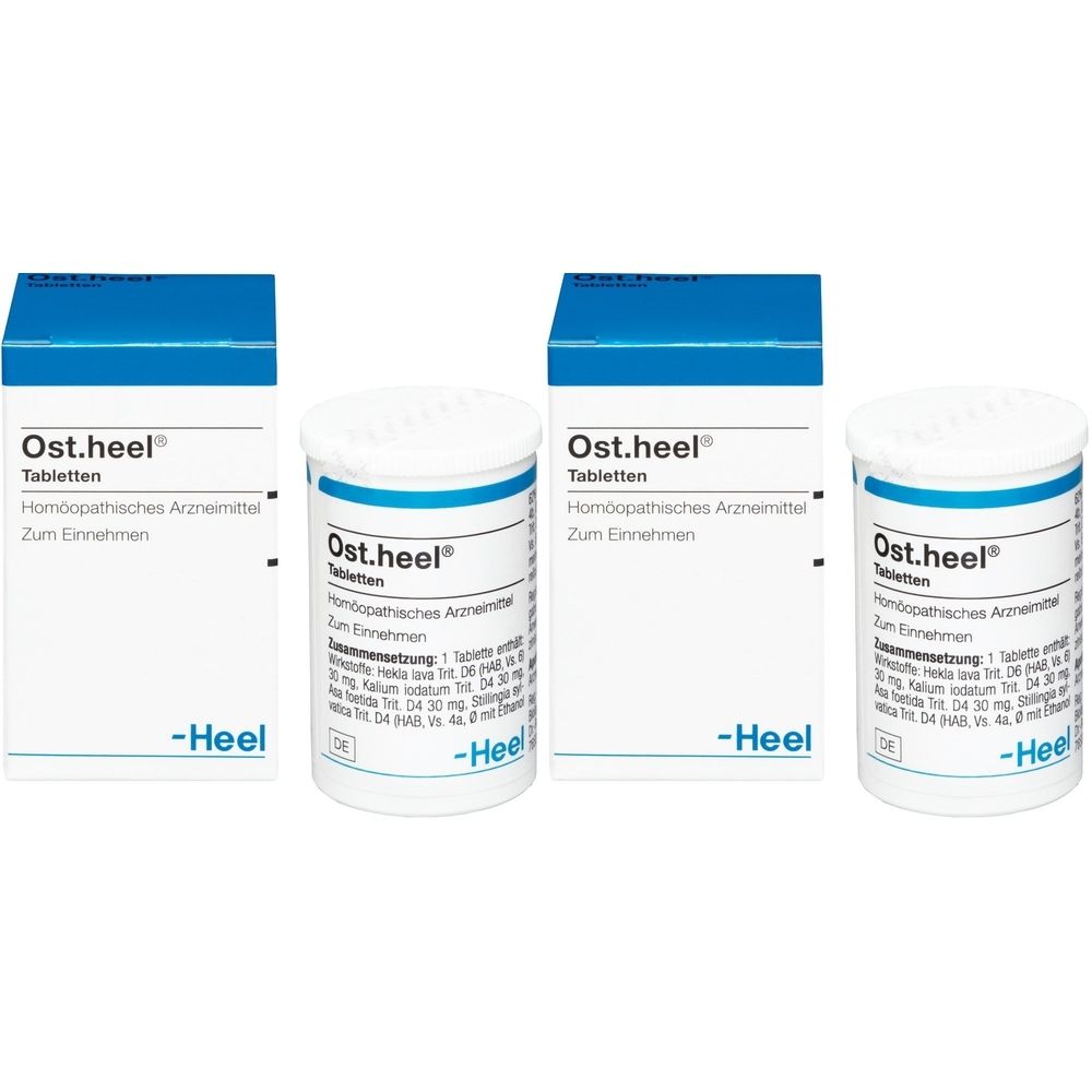 Zwei Tablettenpackungen und zwei Tablettenbehälter. Aufschrift: Ost.heel Tabletten. Homöopathisches Arzneimittel. Weiß, blau und grün.
