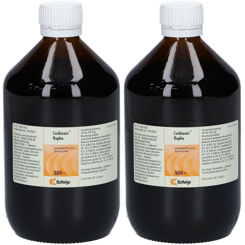 Zwei braune Glasflaschen mit weißem Deckel. Aufkleber mit Produktinformationen. Aufschrift: Corbiovin Rupha.