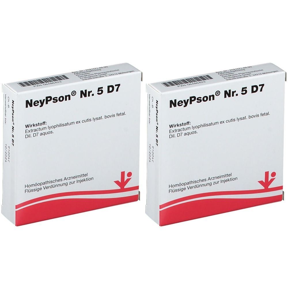 Zwei weiße Kartons mit roter Unterseite. Aufschrift: NeyPson® Nr. 5 D7. Text in Deutsch. Homöopathisches Arzneimittel. Flüssige Verdünnung zur Injektion.