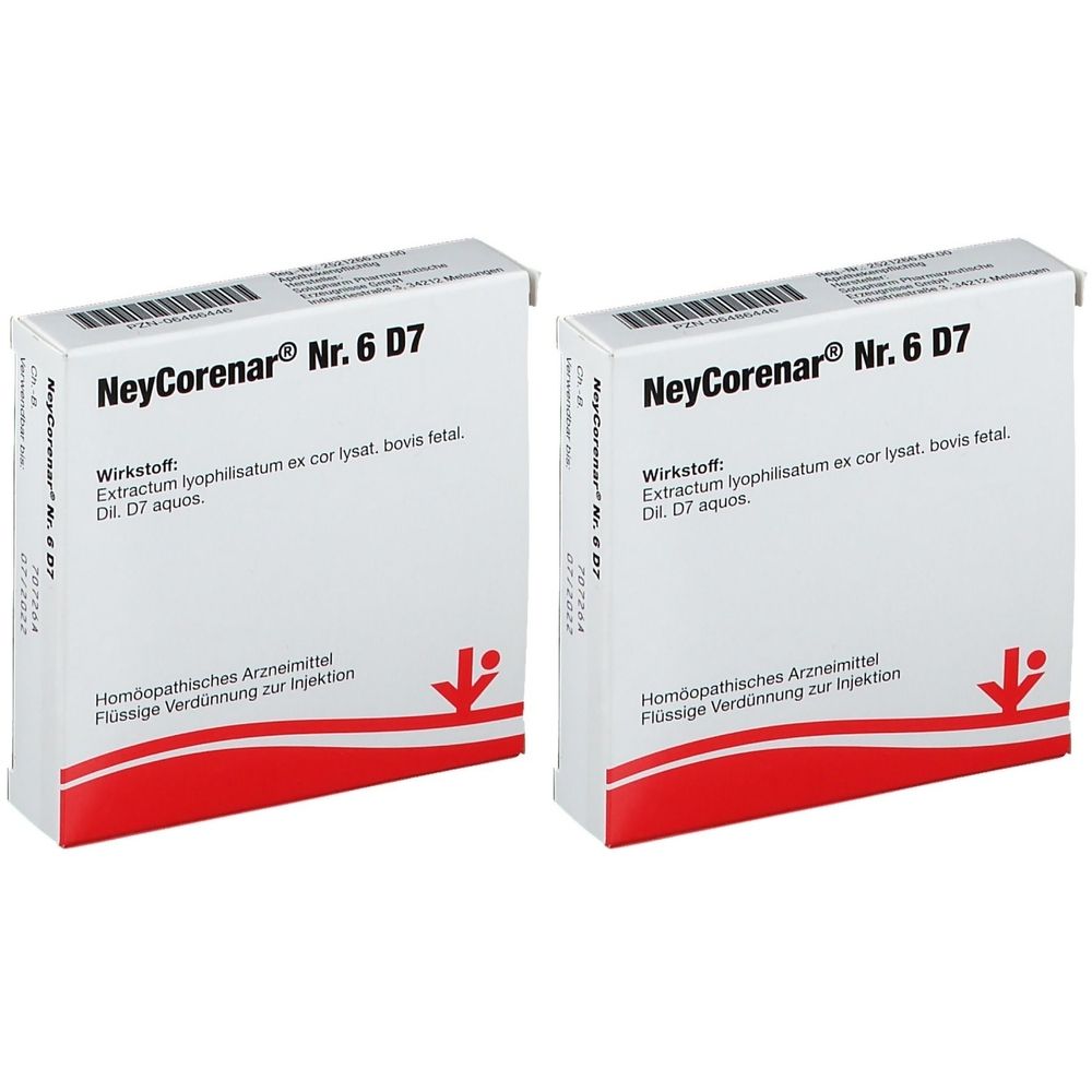 Zwei weiße Kartons mit rotem Streifen. Aufschrift: NeyCorenar Nr. 6 D7. Homöopathisches Arzneimittel. Flüssige Verdünnung zur Injektion.
