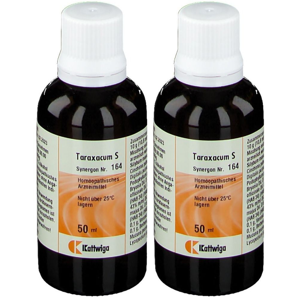 Zwei braune Flaschen mit weißem Deckel. Auf den Etiketten steht "Taraxacum S" und "50 ml".