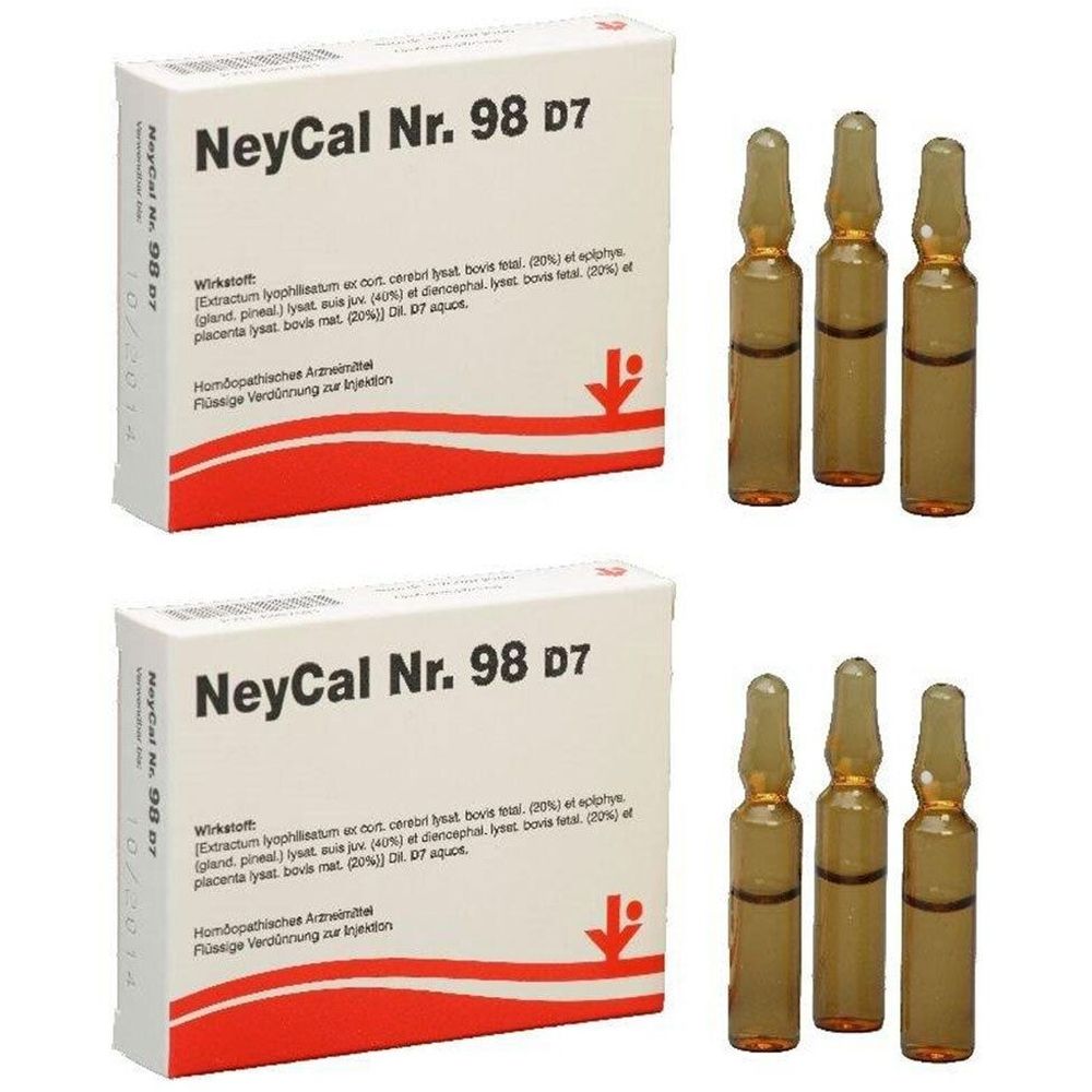 Zwei Kartons mit NeyCal Nr. 98 D7 und je 3 Ampullen. Die Ampullen sind braun und enthalten eine Flüssigkeit.