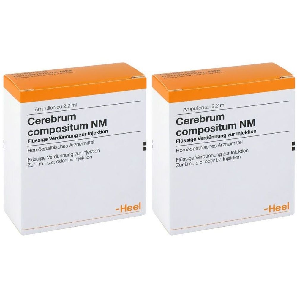 Zwei weiße Kartons mit orangefarbenen Deckeln. Aufgedruckt: Cerebrum compositum NM, flüssige Verdünnung zur Injektion. Marke: Heel.