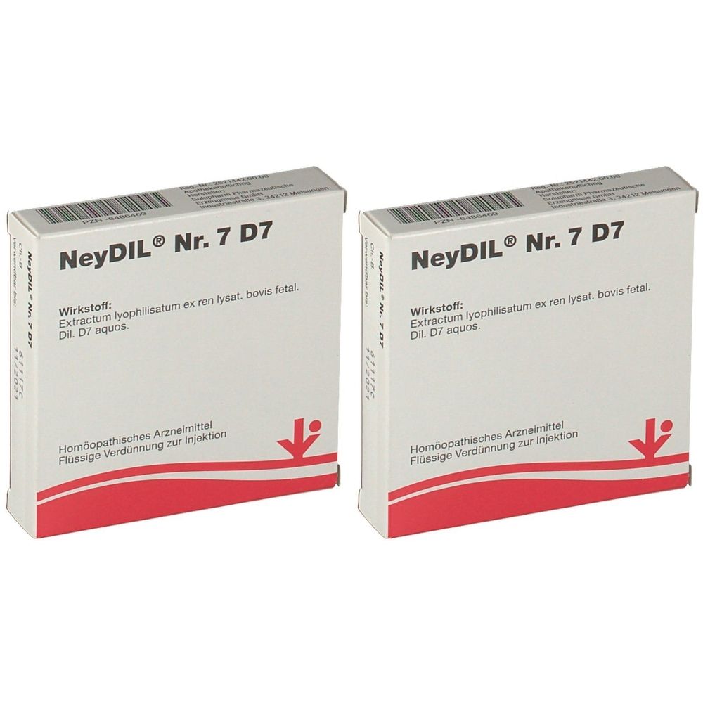Zwei weiße Schachteln mit roter und schwarzer Schrift. Aufschrift: NeyDIL Nr. 7 D7. Homöopathisches Arzneimittel.