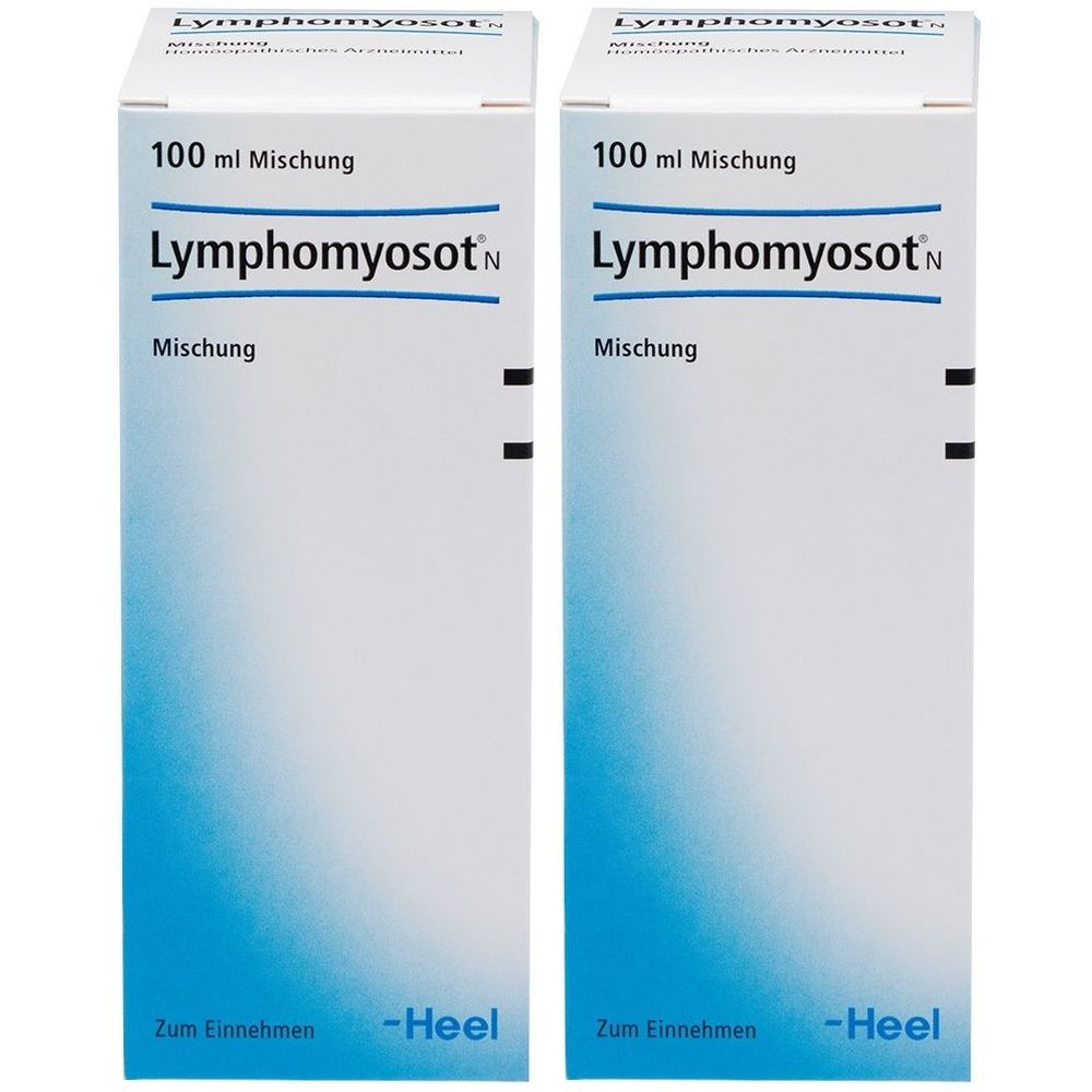 Zwei weiße Schachteln mit dem Produktnamen Lymphomyosot N. Aufschrift: 100 ml Mischung, Zum Einnehmen, -Heel.
