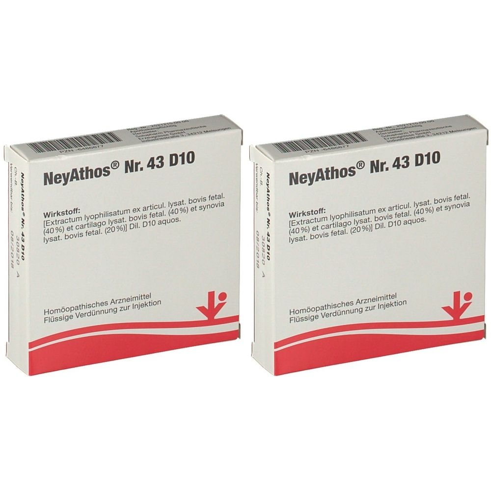 Zwei Schachteln mit der Aufschrift "NeyAthos Nr. 43 D10". Text in deutscher Sprache. Rote und weiße Verpackung.