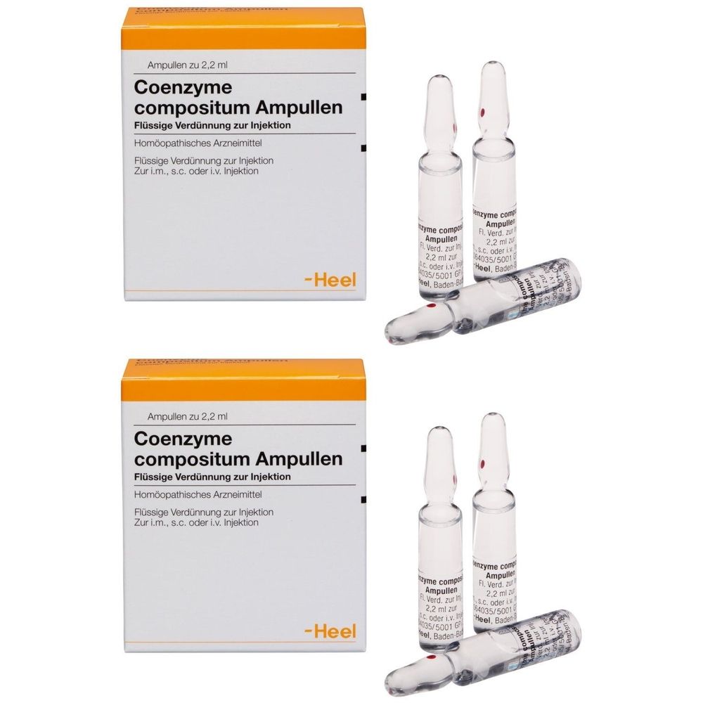 Zwei Schachteln und Ampullen von Coenzyme compositum. Aufschrift: Flüssige Verdünnung zur Injektion. Marke: Heel.