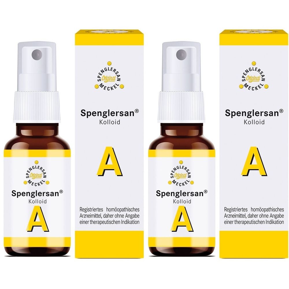 Zwei braune Sprühflaschen und zwei gelb-weiße Kartons mit der Aufschrift "Spenglersan Kolloid A".