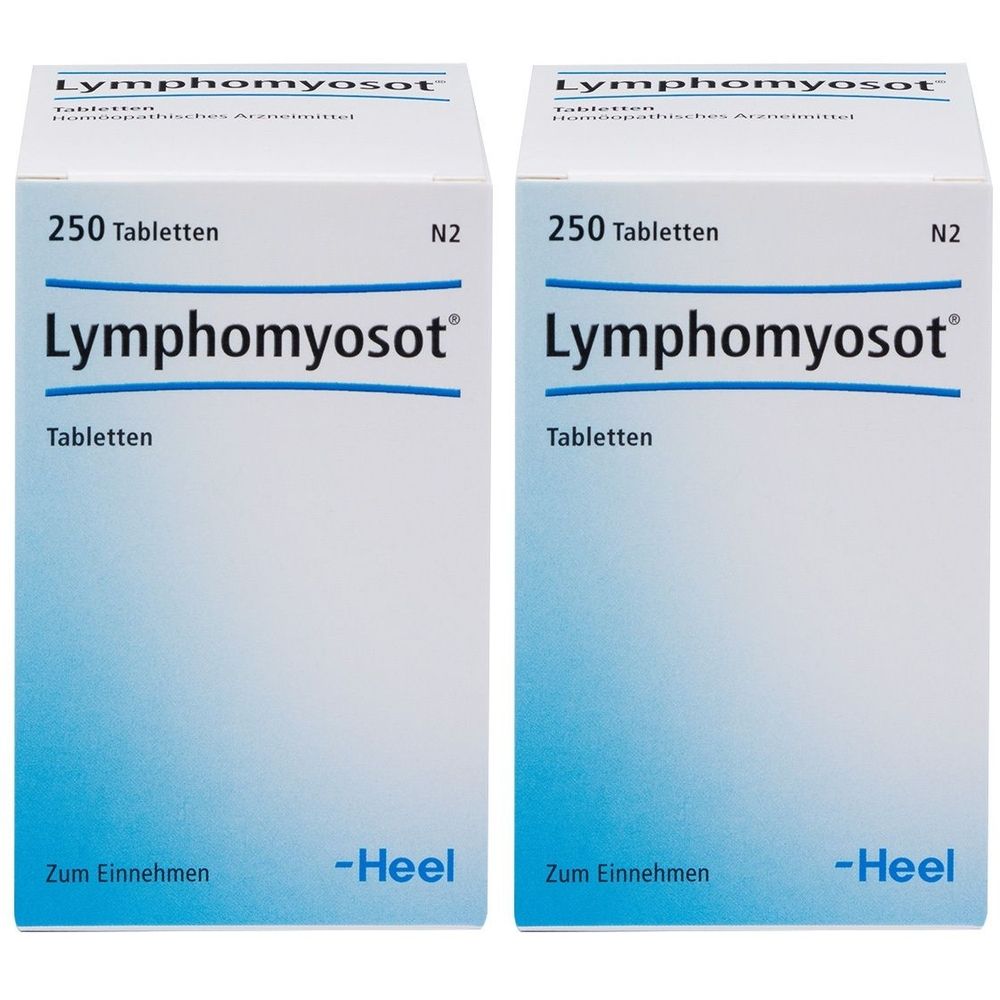 Zwei Schachteln mit "Lymphomyosot Tabletten". Aufschrift: 250 Tabletten, N2. Marke: Heel. Zum Einnehmen.