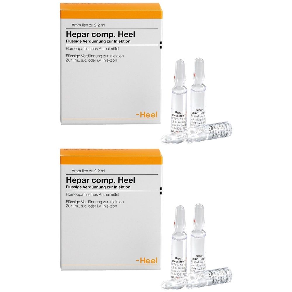 Zwei Packungen mit Ampullen. Aufschrift: Hepar comp. Heel. Flüssige Verdünnung zur Injektion. Homöopathisches Arzneimittel. Marke: Heel.