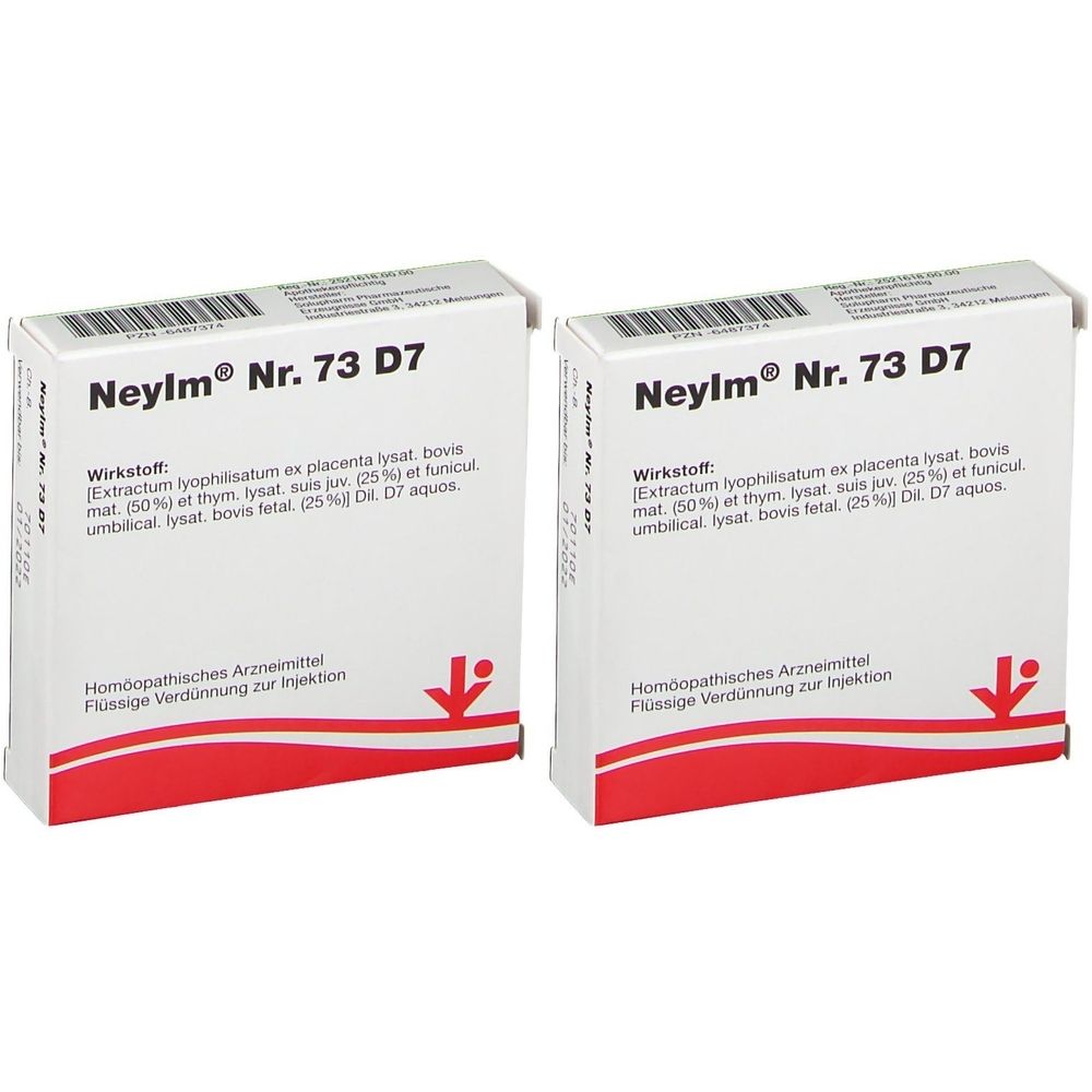 Zwei weiße Kartons mit roter Basis. Aufschrift: Neylm® Nr. 73 D7. Text über Wirkstoffe und homöopathisches Arzneimittel. Pfeil nach unten.