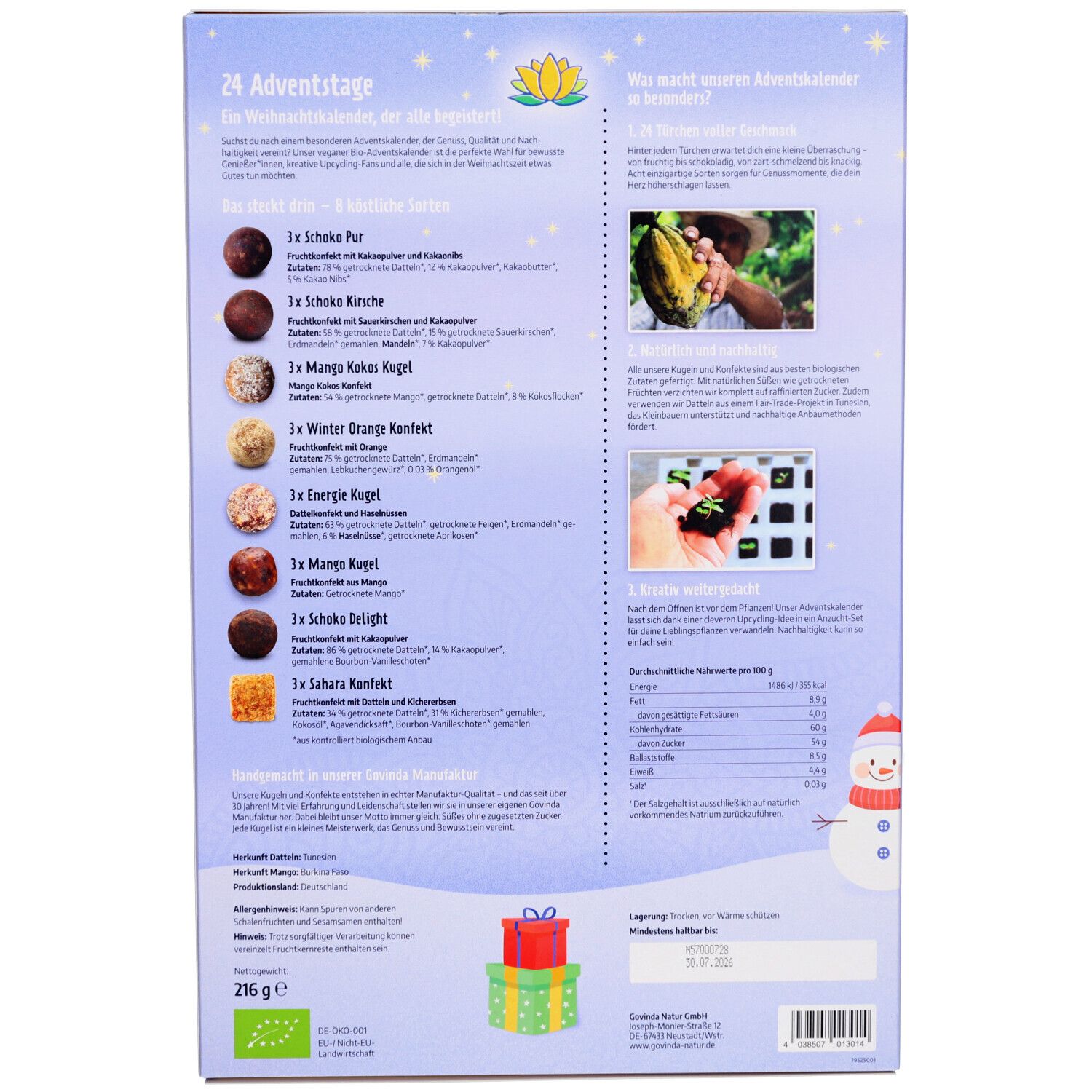 Rückseite des Adventskalenders. Text mit Inhaltsangaben und Nährwertangaben. Logo Govinda. Bio-Siegel. Illustrationen von Kakao und Schneemann.