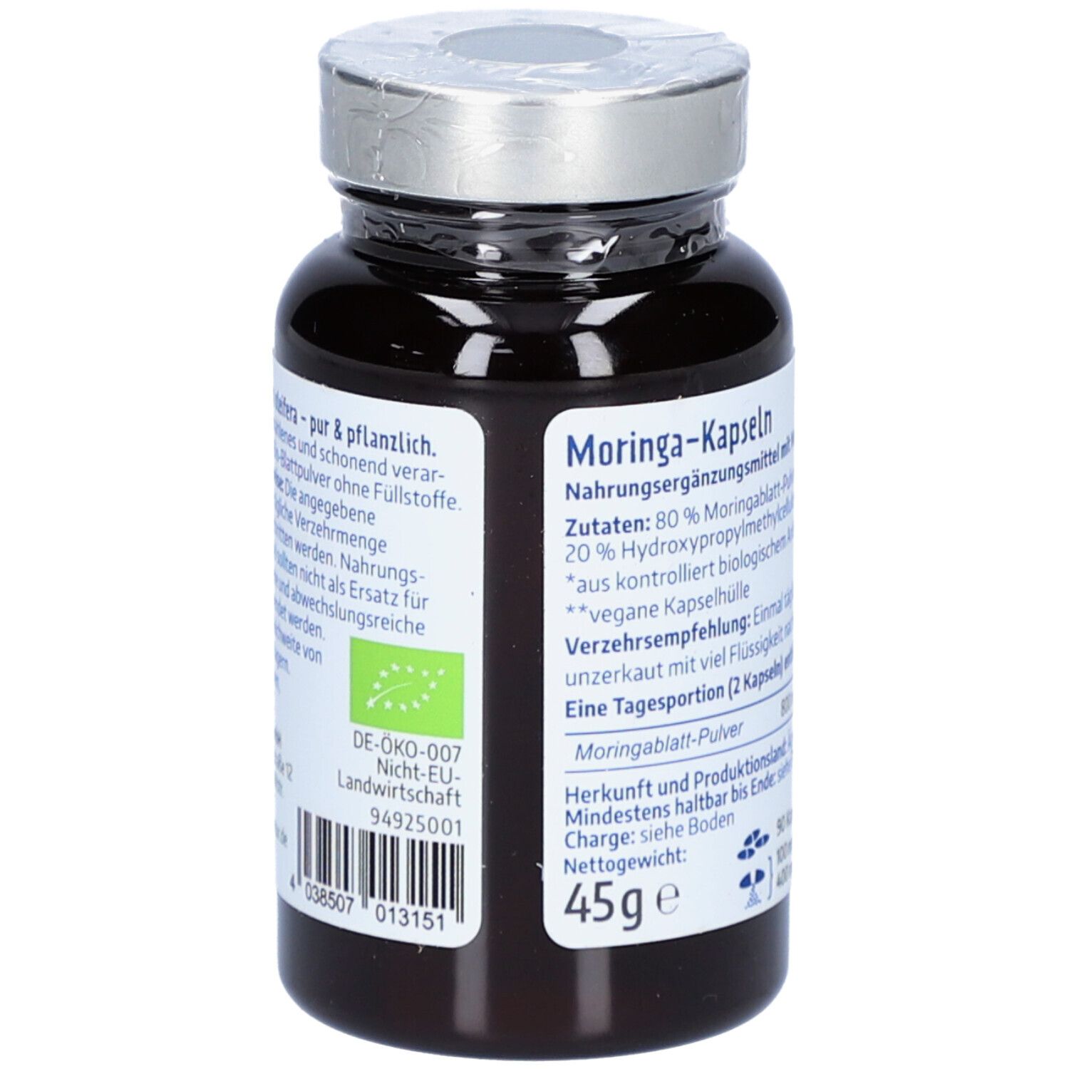 Braune Glasflasche mit silbernem Deckel. Rückseite mit Text, Inhaltsstoffen, Gewicht 45g, Bio-Siegel.
