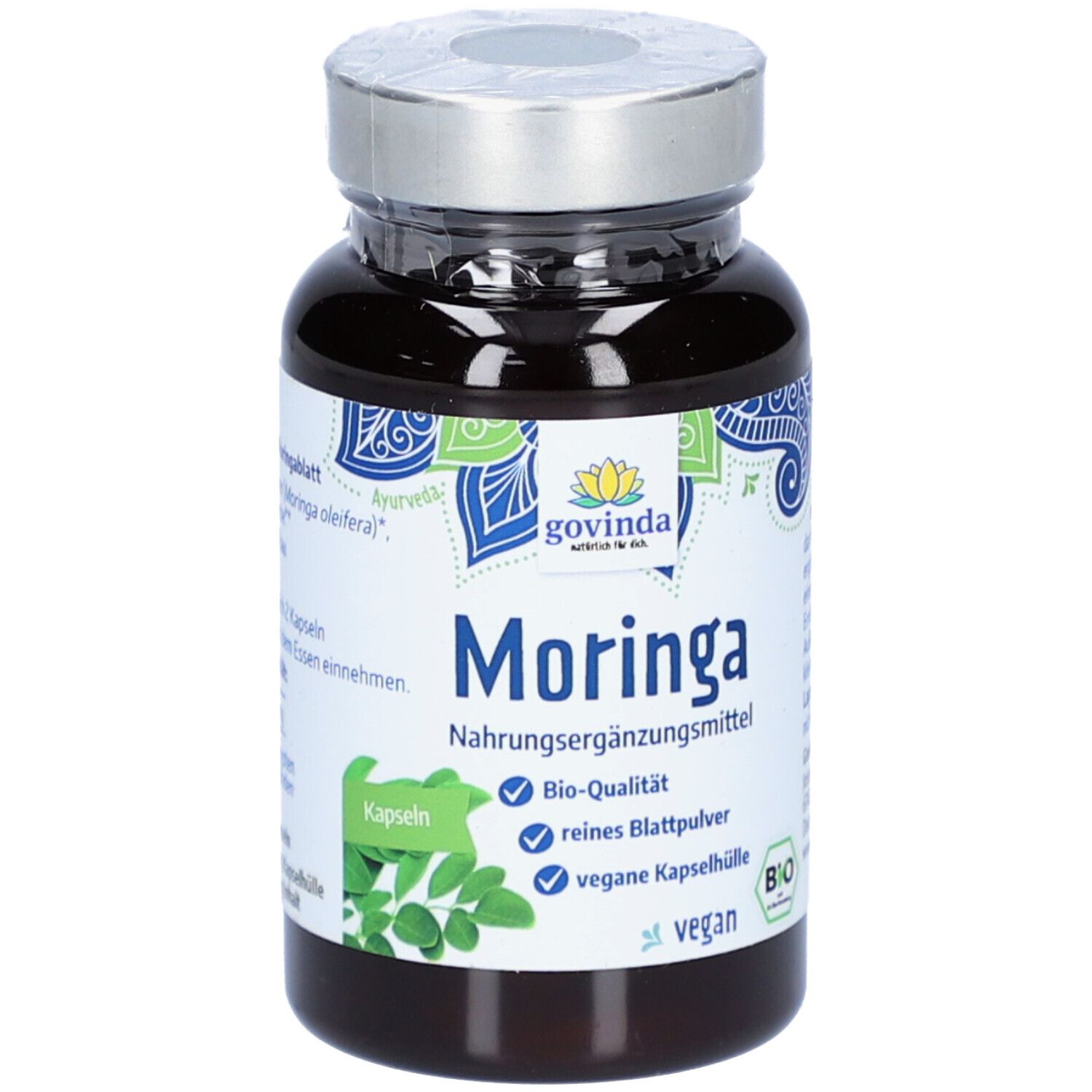 Braune Glasflasche mit silbernem Deckel. Aufschrift: Moringa Nahrungsergänzungsmittel, Bio-Qualität, vegan.