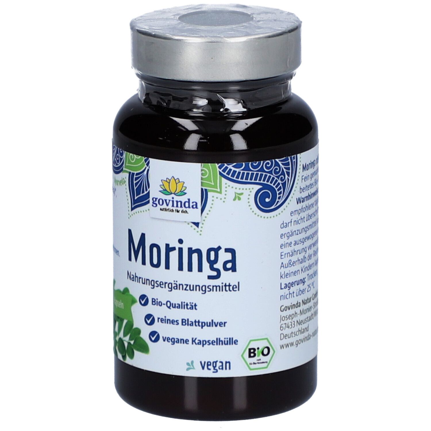 Braune Glasflasche mit silbernem Deckel. Aufschrift: Moringa Nahrungsergänzungsmittel, Bio-Qualität, vegan.