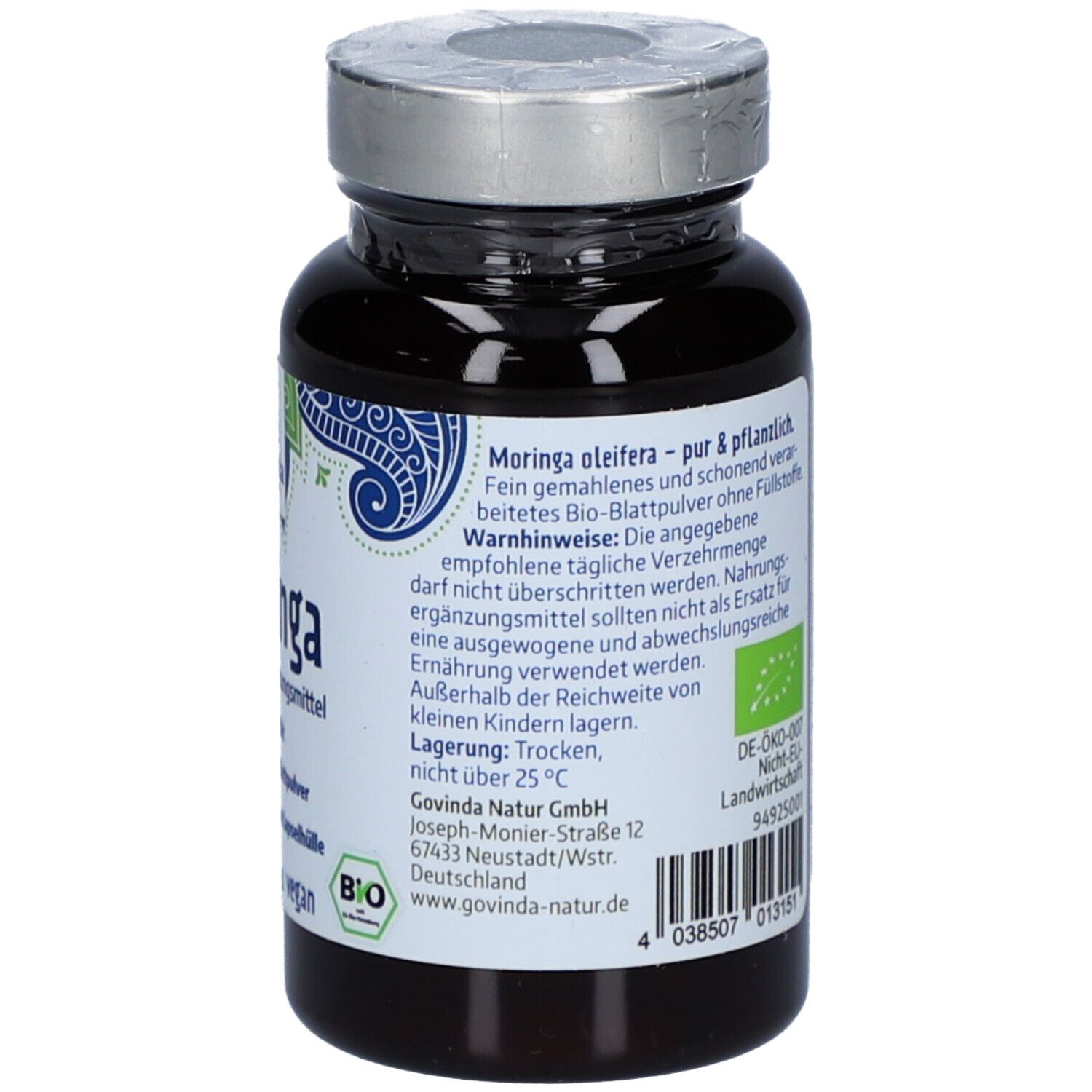 Braune Glasflasche mit silbernem Deckel. Rückseite mit Text, Inhaltsstoffen, Gewicht 45g, Bio-Siegel.