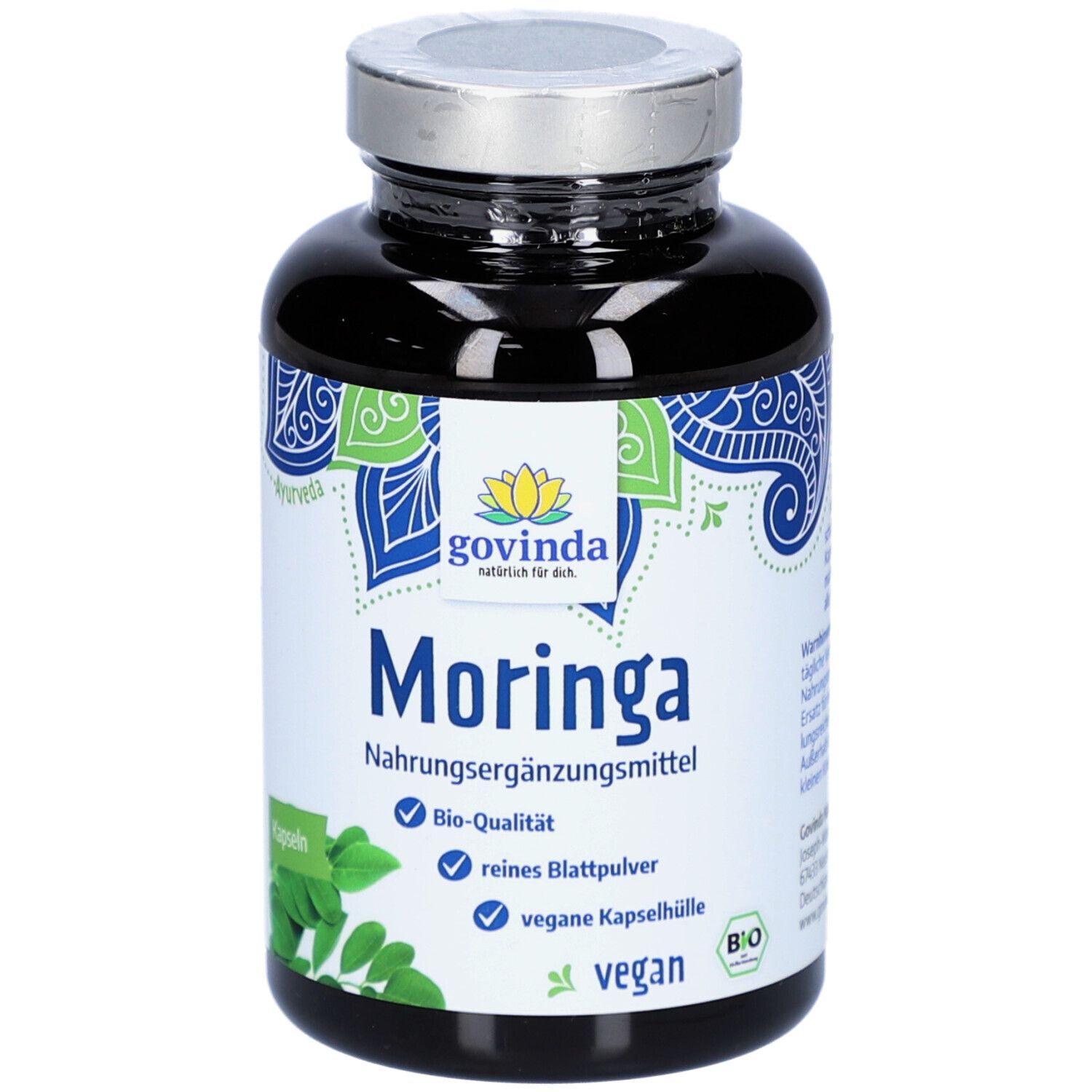 Dunkle Flasche mit Moringa Kapseln. Aufschrift: Govinda Moringa, Nahrungsergänzungsmittel, Bio-Qualität, vegan.