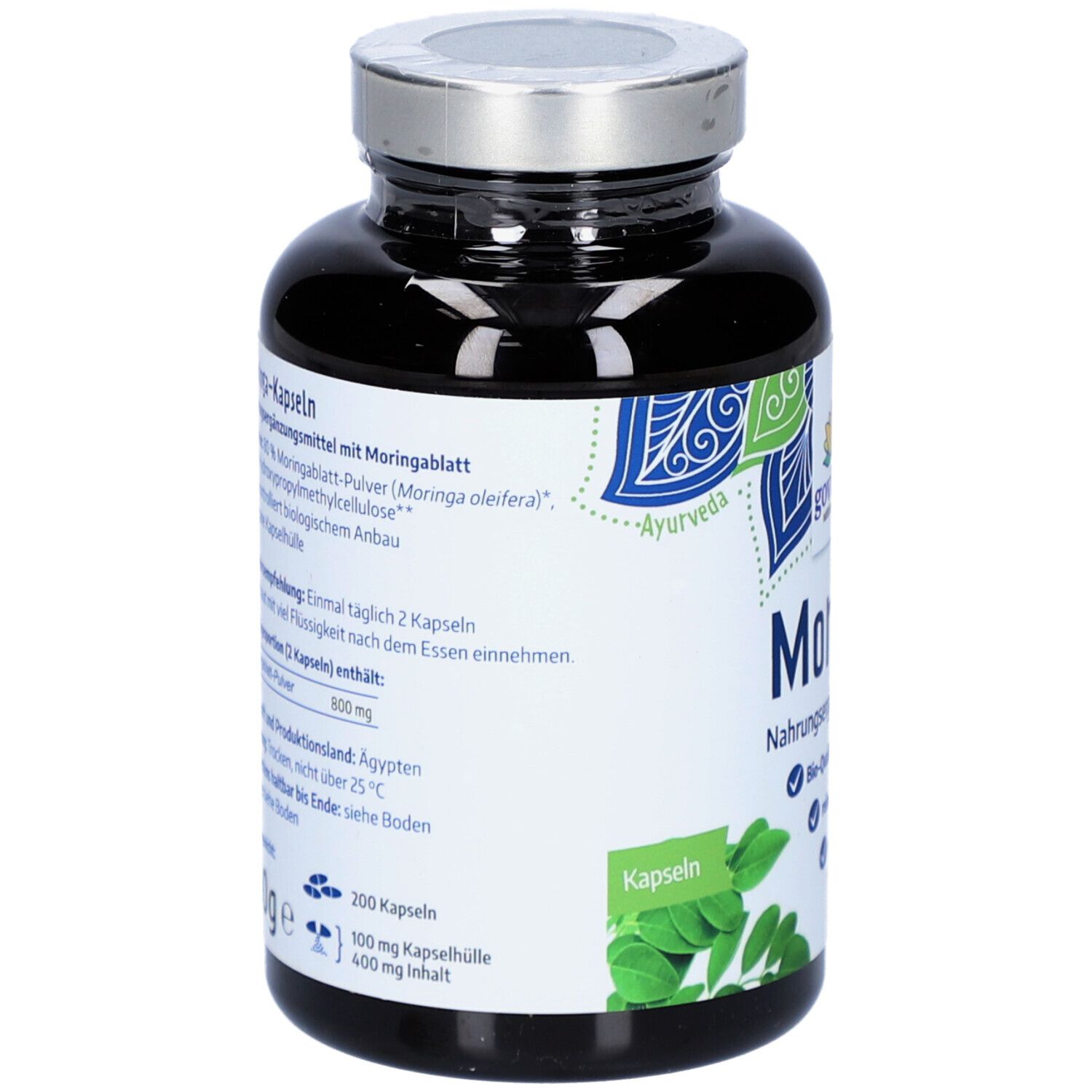 Rückseite der Flasche mit Moringa Kapseln. Text: 200 Kapseln, 100mg Kapselhülle, 400mg Inhalt. Informationen zur Einnahme.
