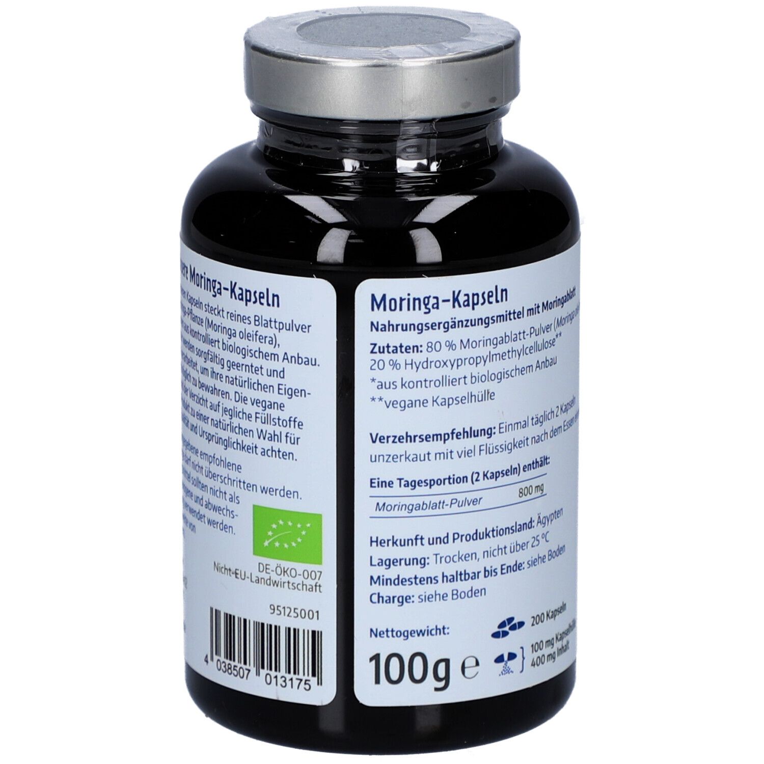 Rückseite der Flasche mit Moringa Kapseln. Text: 100g, Zutaten, Verzehrempfehlung, Herkunft, Mindesthaltbarkeit, Bio-Siegel.