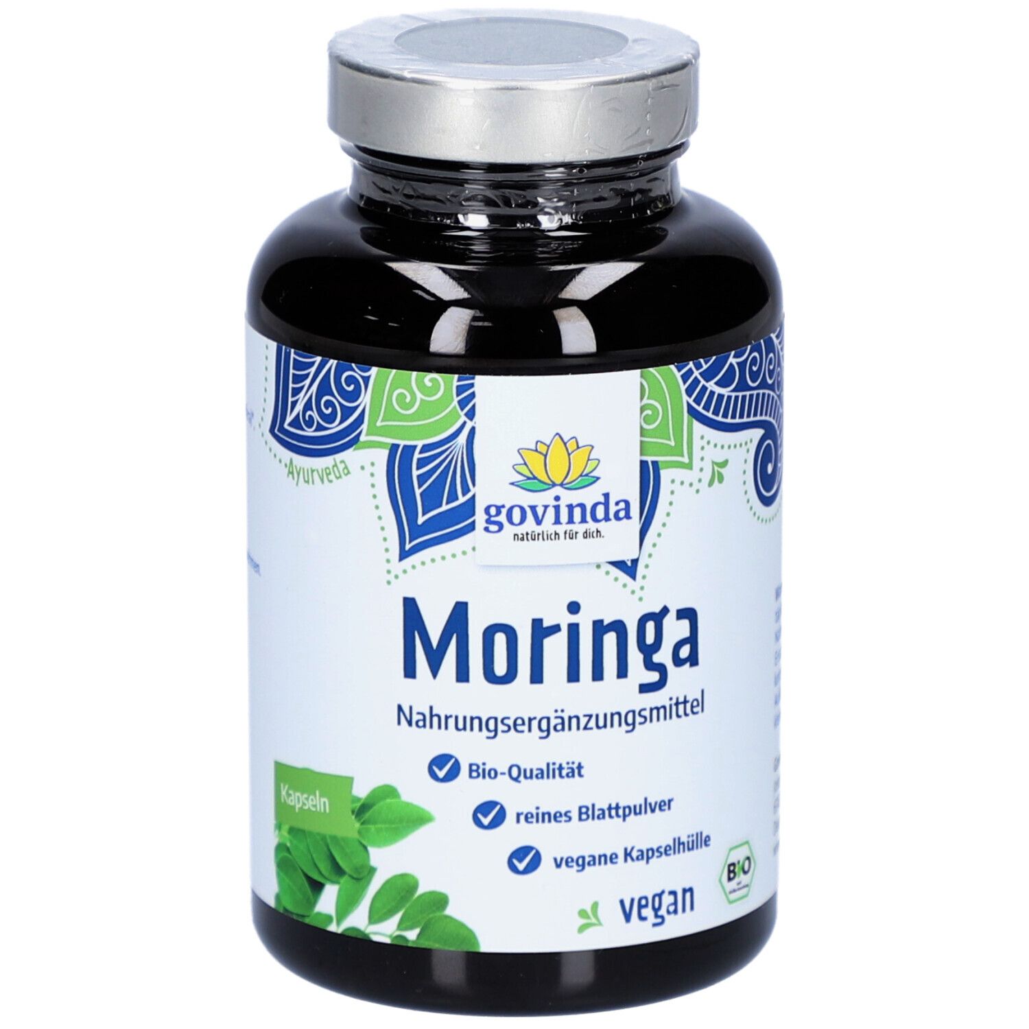 Dunkle Flasche mit Moringa Kapseln. Aufschrift: Govinda Moringa, Nahrungsergänzungsmittel, Bio-Qualität, vegan.
