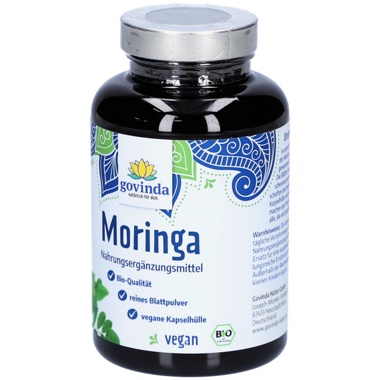 Dunkle Flasche mit Moringa Kapseln. Aufschrift: Govinda Moringa, Nahrungsergänzungsmittel, Bio-Qualität, vegan.