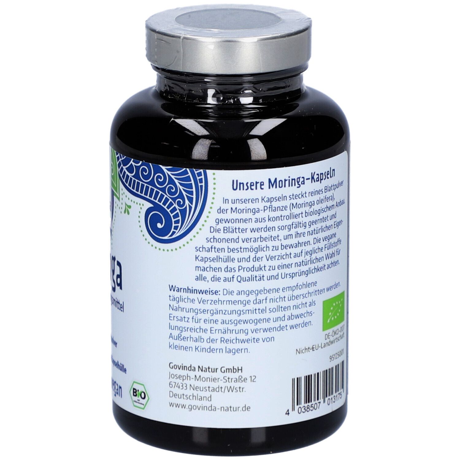 Rückseite der Flasche mit Moringa Kapseln. Text: Inhaltsstoffe, Warnhinweise, Bio-Siegel, Herstellerinformationen.