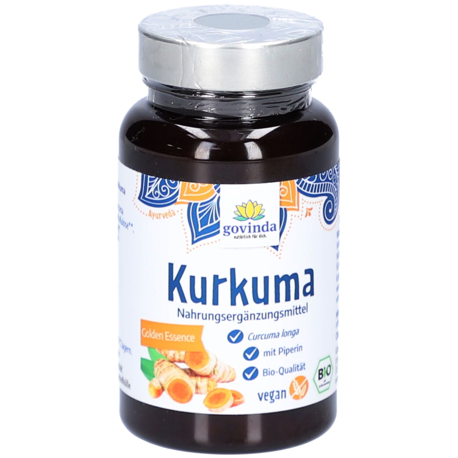 Braune Flasche mit Kapseln. Etikett mit "Kurkuma", "Govinda" und Bio-Siegel. Enthält Curcuma longa.