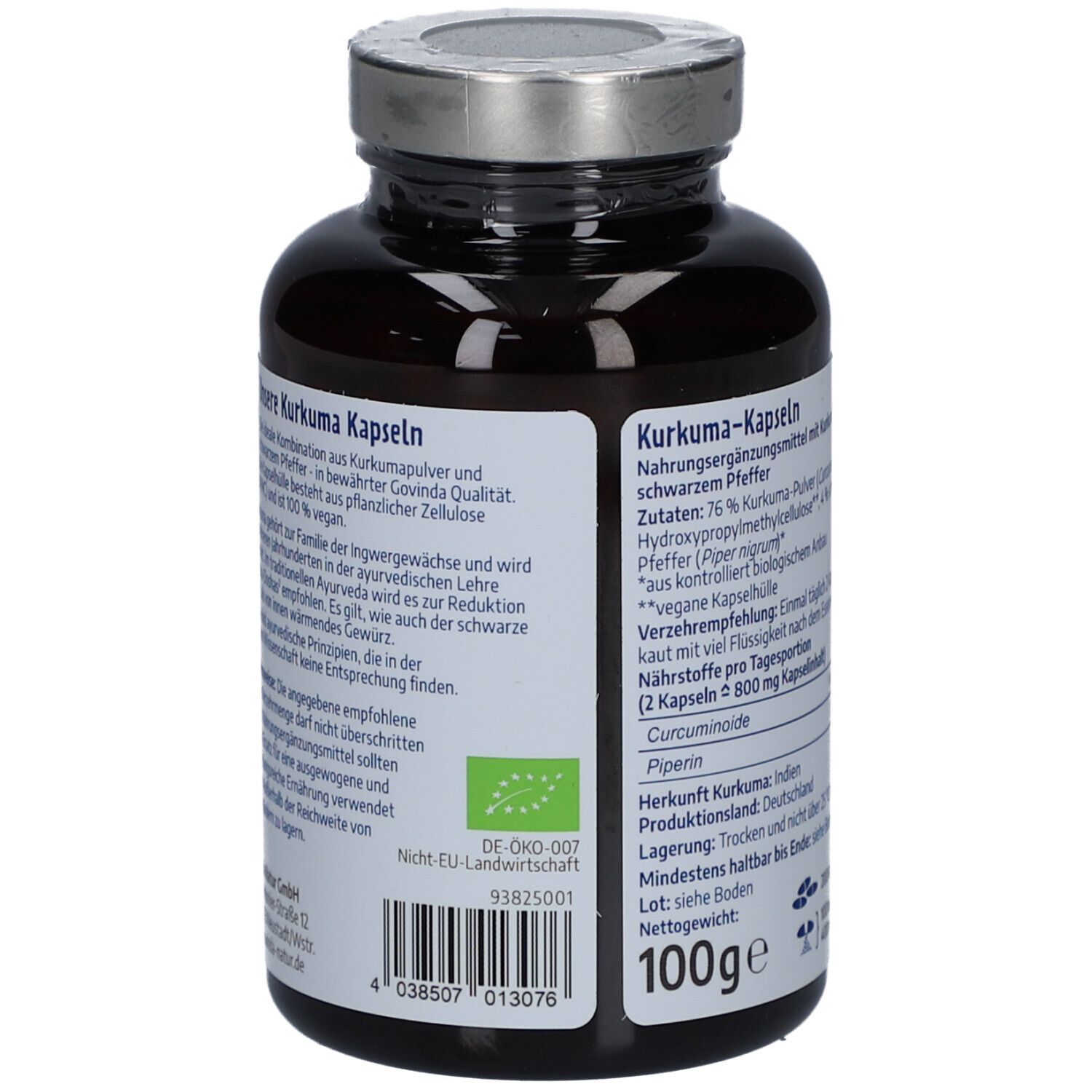 Rückseite der Flasche mit Produktinformationen. Enthält Angaben zu Inhaltsstoffen und Herkunft. Bio-Siegel.