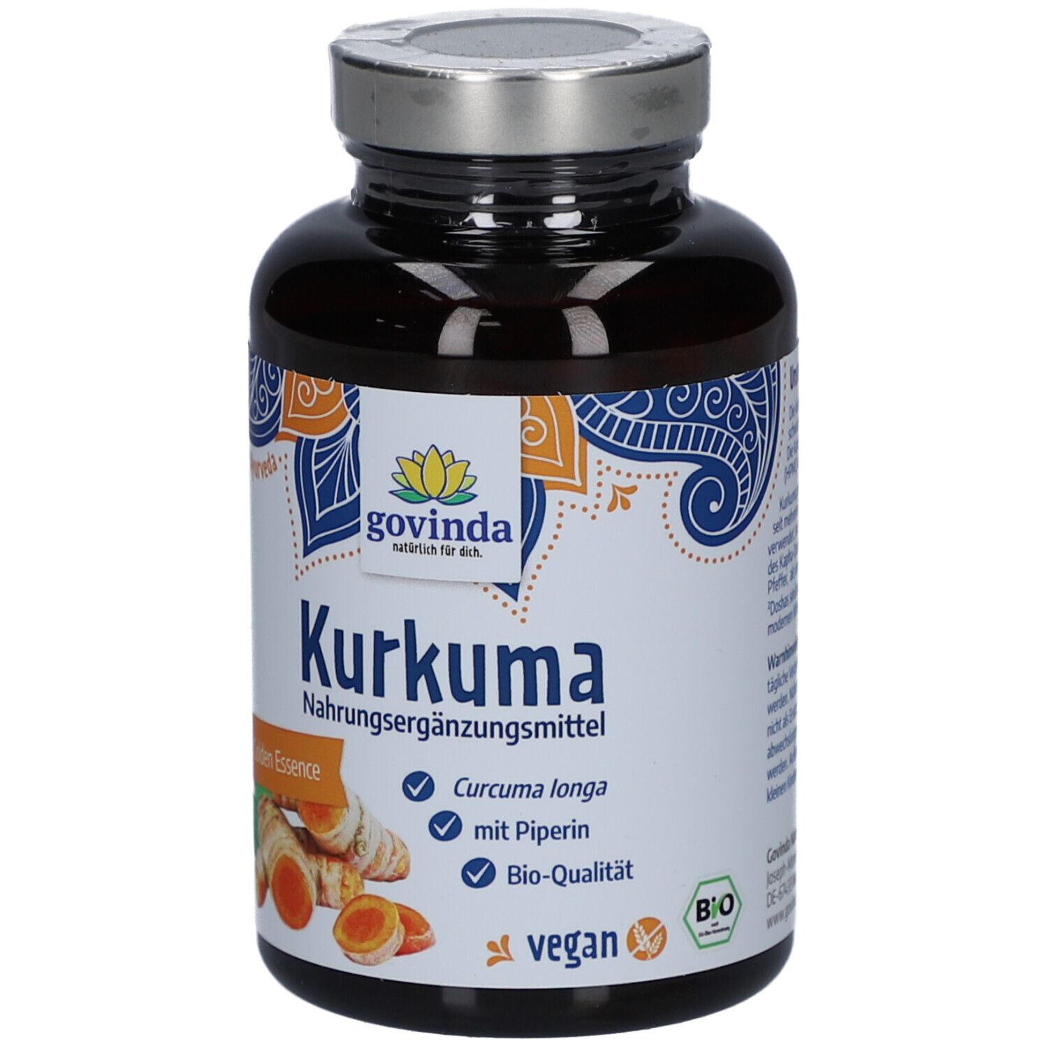 Braune Flasche mit Kapseln. Aufkleber mit Produktname Kurkuma, Logo und Zutaten. Bio-Siegel und Vegan-Siegel.