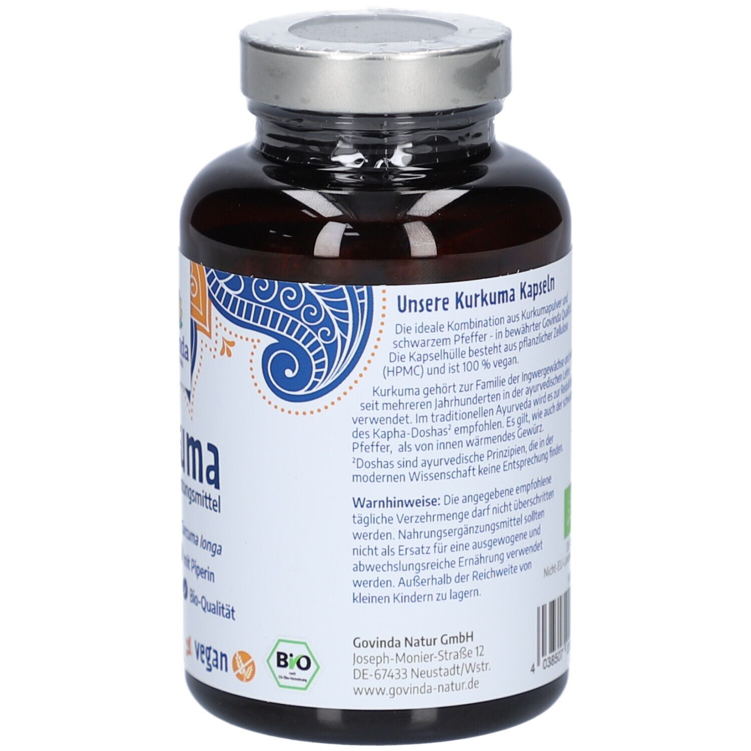 Rückseite der Flasche mit Produktinformationen. Enthält Angaben zu Inhaltsstoffen, Warnhinweisen und Hersteller.