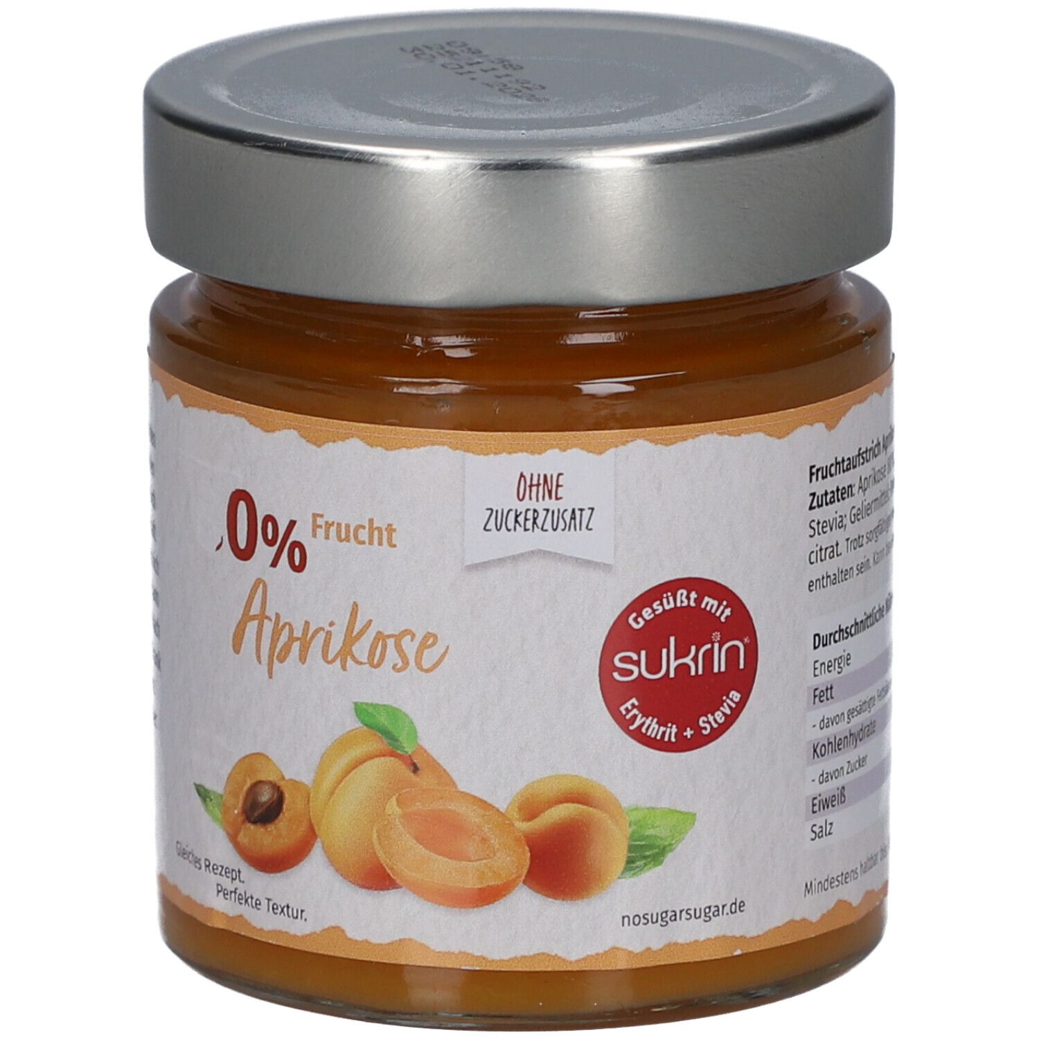Glas mit Aprikosenaufstrich. Aufschrift: 0% Frucht Aprikose, ohne Zuckerzusatz, gesüßt mit Sukrin Erythrit + Stevia. Abbildung von Aprikosen. Nährwertangaben.
