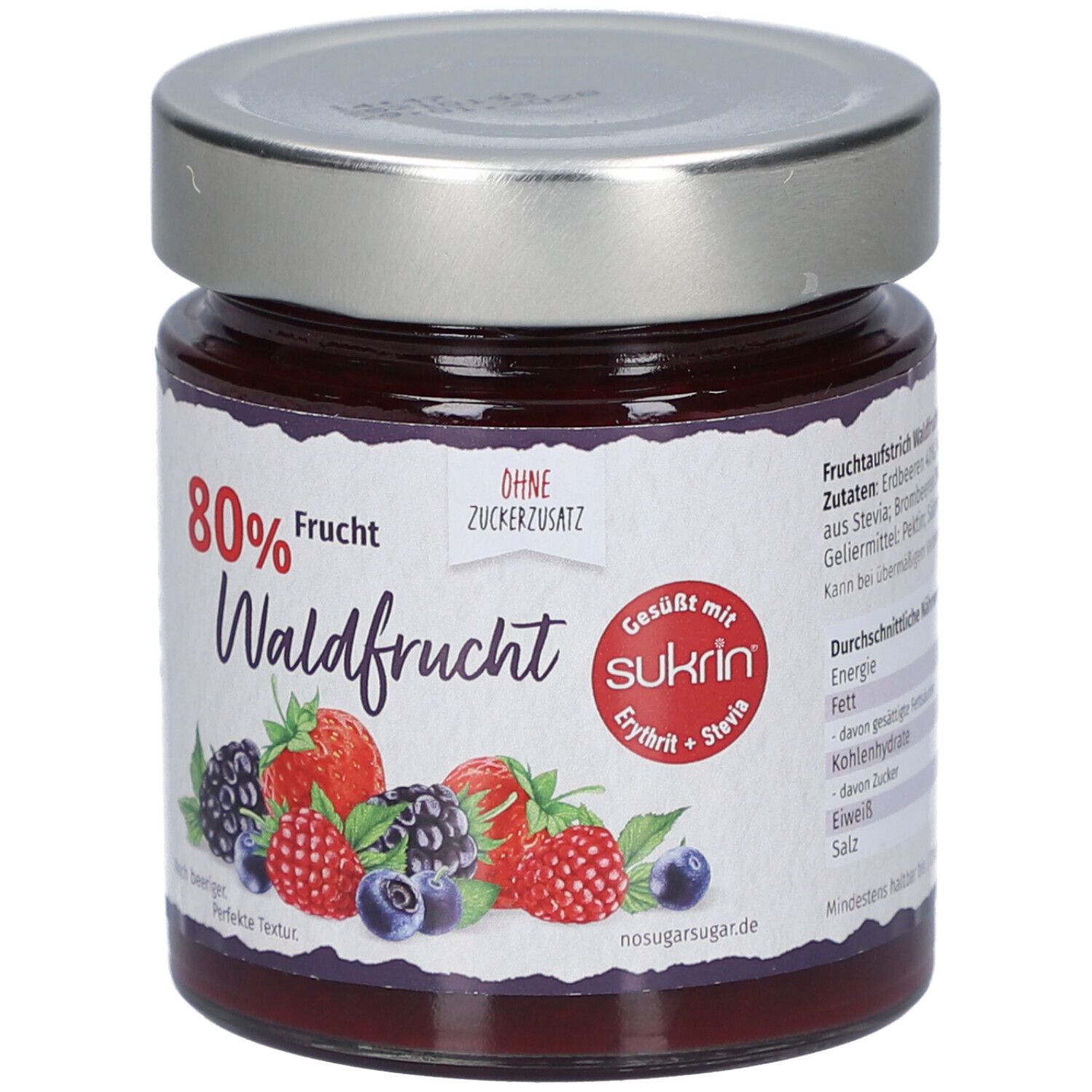 Glas mit Waldfrüchte-Aufstrich. Etikett mit 80% Frucht, ohne Zuckerzusatz, Sukrin-Logo und Früchte-Illustration.