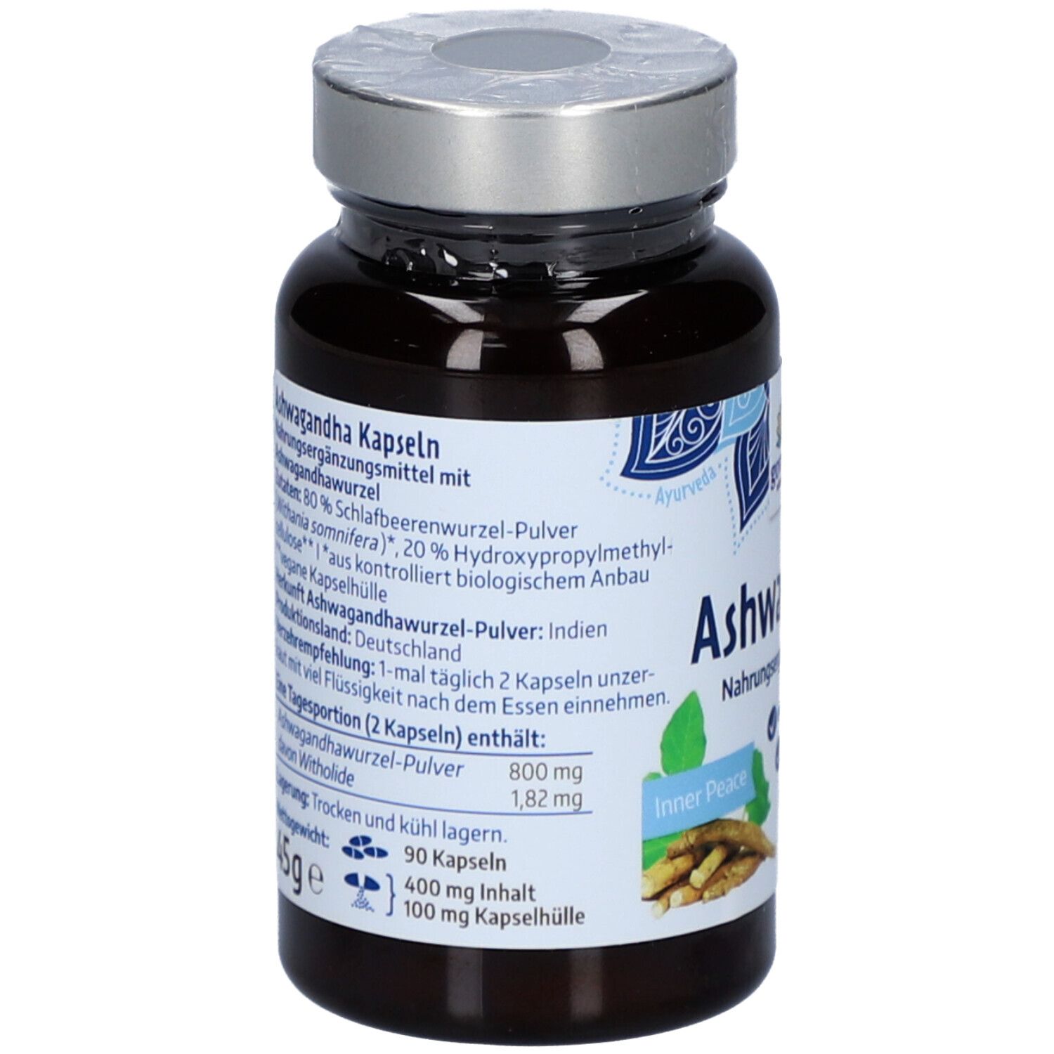 Braune Flasche mit Kapseln. Aufschrift: Ashwagandha Kapseln, Nahrungsergänzungsmittel. Enthält 90 Kapseln.