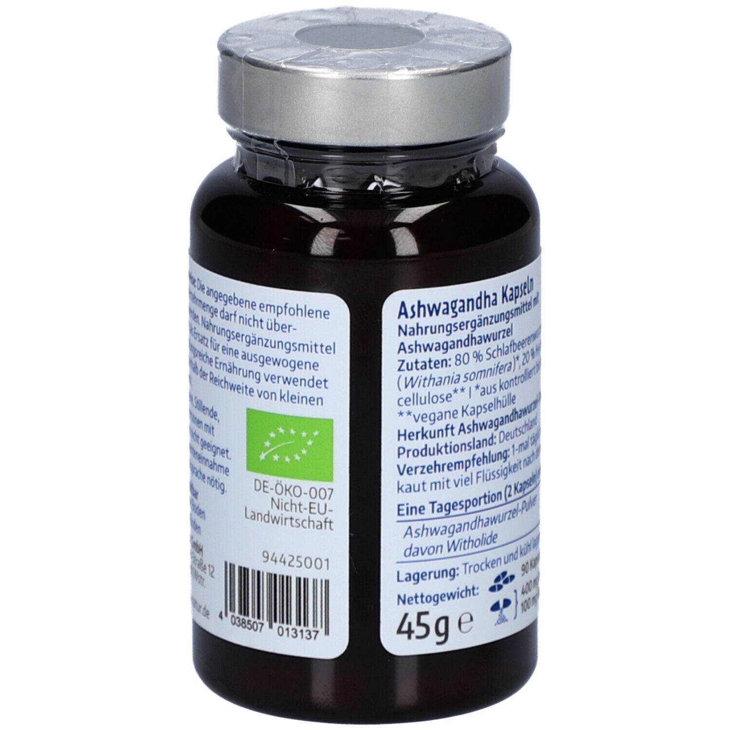 Rückseite einer braunen Flasche mit Kapseln. Aufschrift: Bio-Qualität, 45g, DE-ÖKO-007.