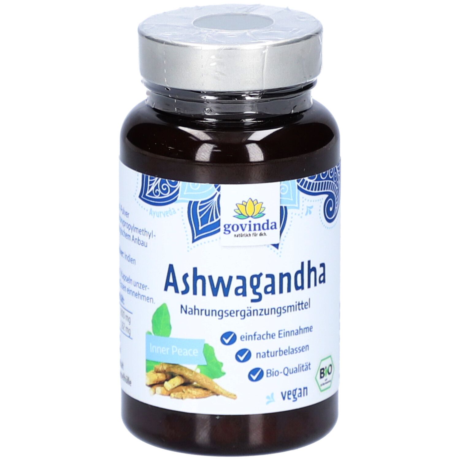 Braune Flasche mit Kapseln. Aufschrift: Ashwagandha, Nahrungsergänzungsmittel, Bio-Qualität, vegan.