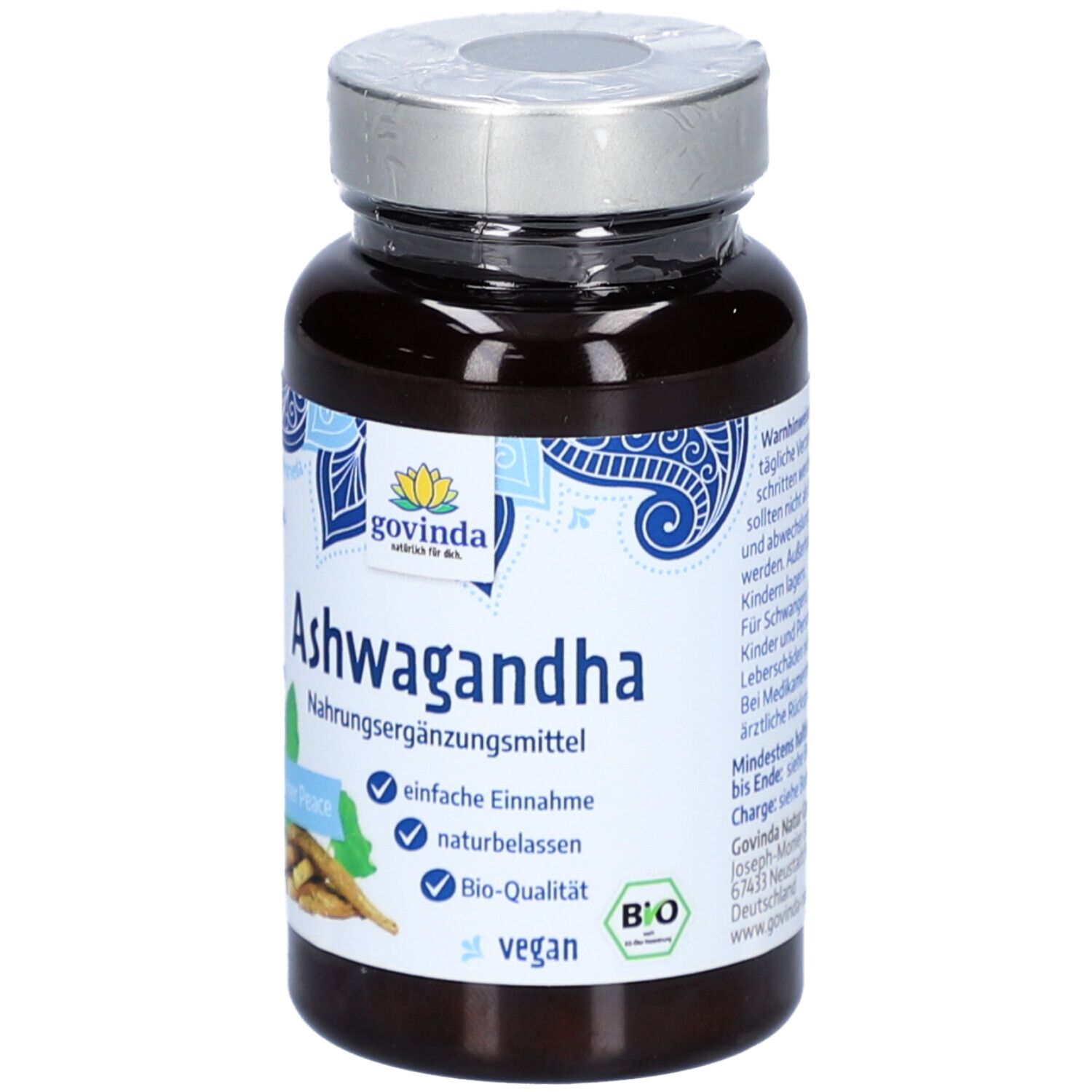Braune Flasche mit Kapseln. Aufschrift: Ashwagandha, Nahrungsergänzungsmittel, Bio-Qualität, vegan.