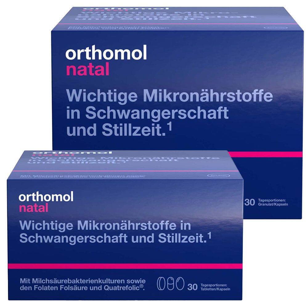 Zwei blaue Kartons mit "Orthomol natal"-Logo. Text: "Wichtige Mikronährstoffe in Schwangerschaft und Stillzeit."
