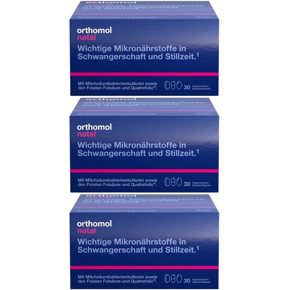 Drei blaue Produktverpackungen von Orthomol natal. Aufschrift: Wichtige Mikronährstoffe in Schwangerschaft und Stillzeit.