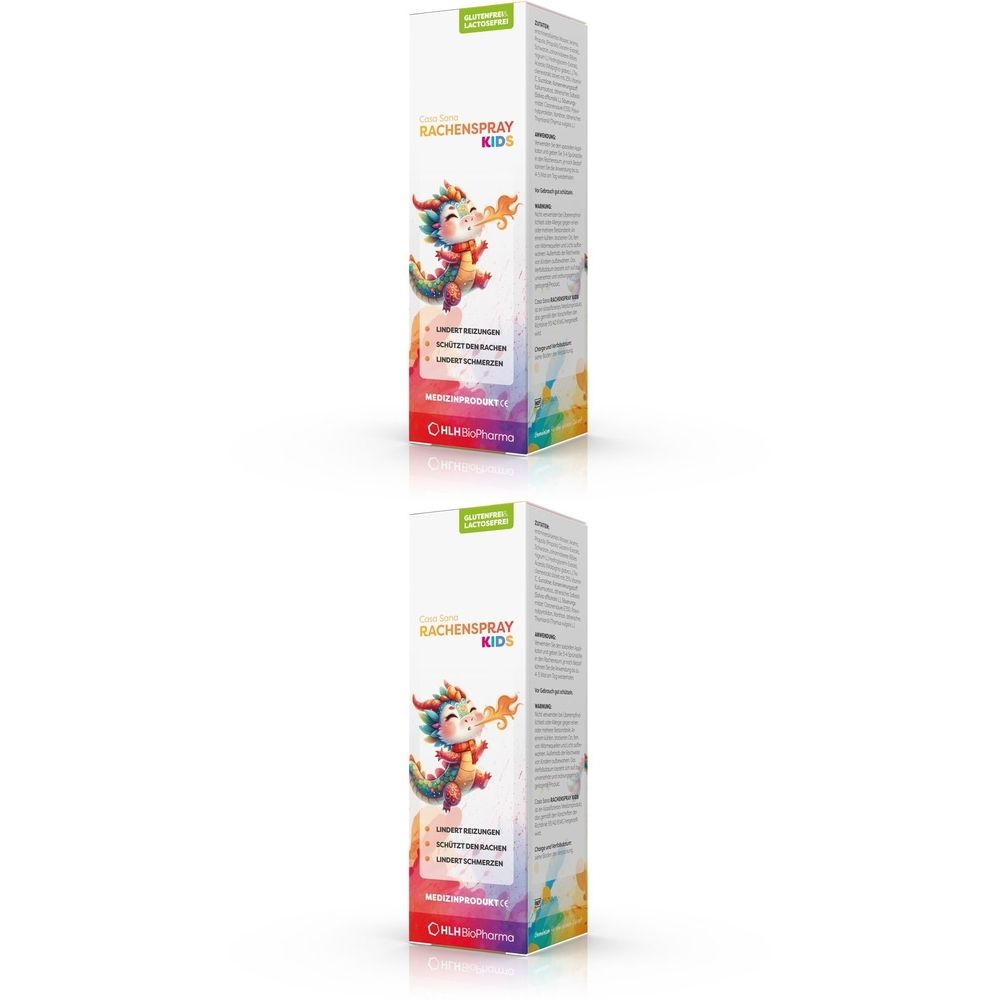 Zwei Kartons Casa Sana RACHENSPRAY KIDS. Aufdruck: Drache, Produktname, Logos.