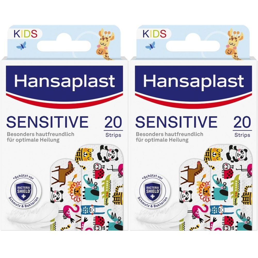Zwei Packungen Hansaplast Kinderpflaster Sensitive Strips. Jede Packung enthält 20 Pflaster. Aufdruck mit Tiermotiven.