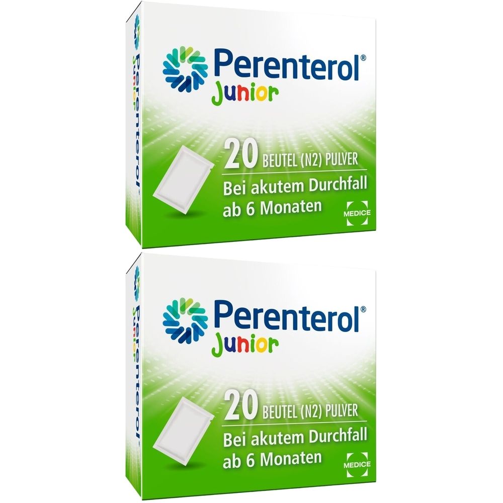 Verpackung mit Perenterol Junior. 20 Beutel Pulver. Bei akutem Durchfall ab 6 Monaten.