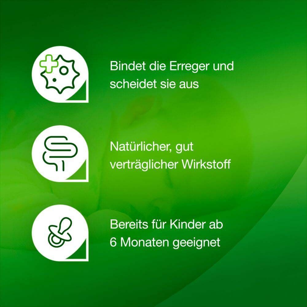 Grafik mit drei Elementen. Text: Natürlicher, gut verträglicher Wirkstoff. Bereits für Kinder ab 6 Monaten geeignet.