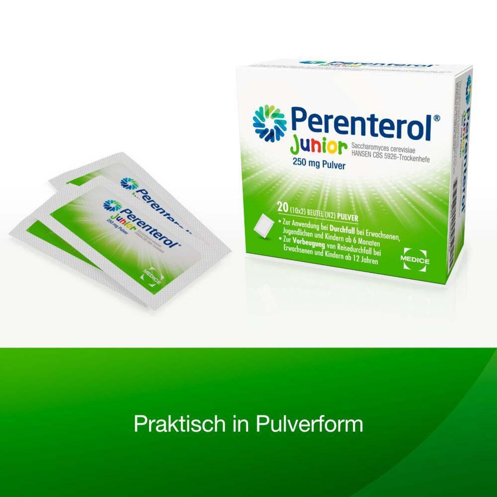 Packung Perenterol Junior mit drei Beuteln Pulver. Text: Praktisch in Pulverform.