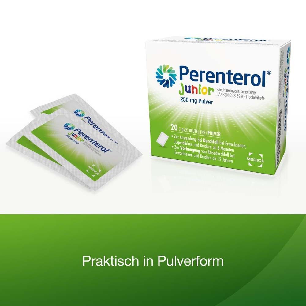 Packung Perenterol Junior mit drei Beuteln Pulver.