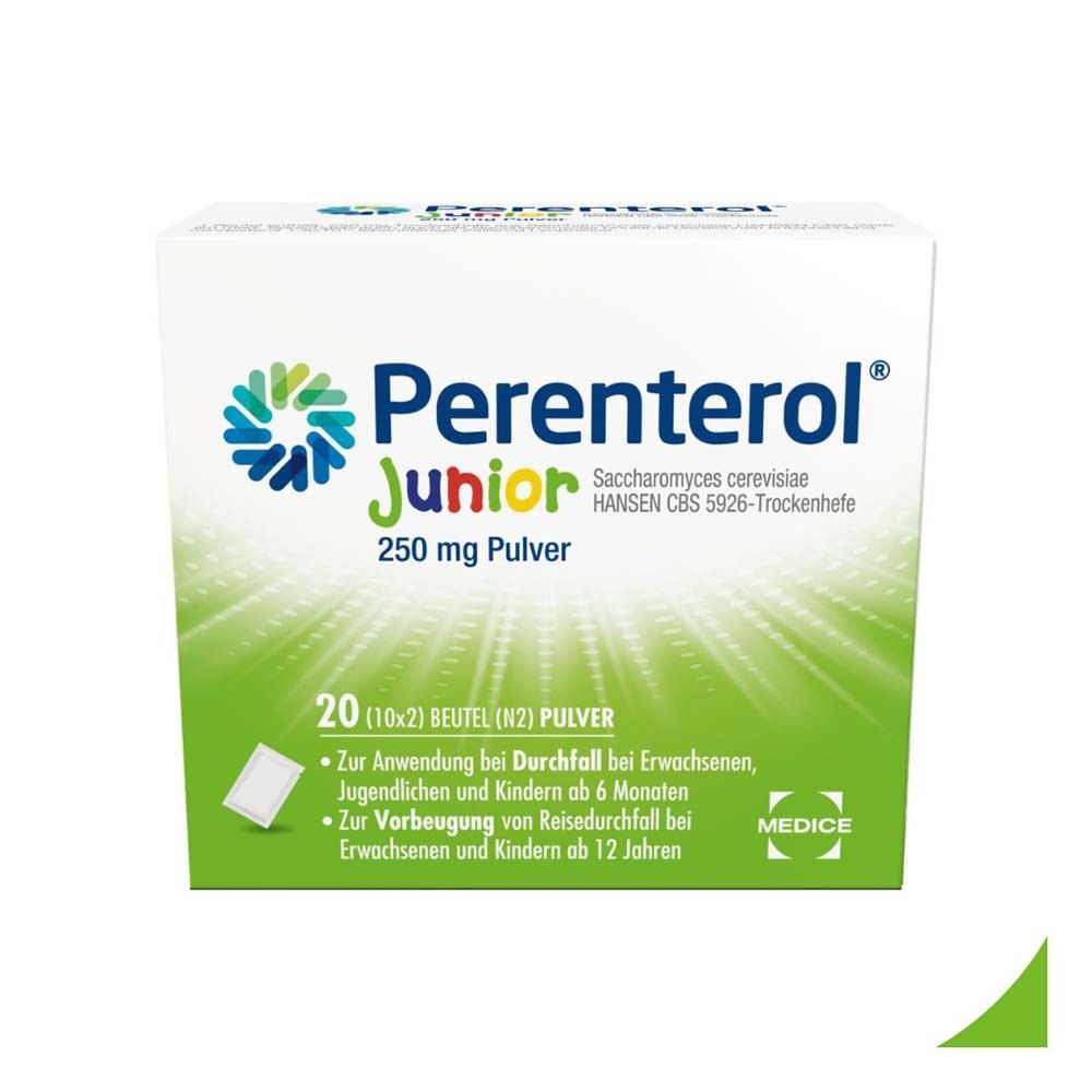 Packung Perenterol Junior. Aufschrift: 20 (10x2) Beutel (N2) Pulver. Zur Anwendung bei Durchfall bei Erwachsenen, Jugendlichen und Kindern ab 6 Monaten.