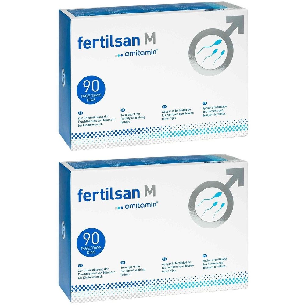 Zwei weiße Kartons mit blauer Schrift. Aufgedruckt ist "fertilsan M ...amitamin", eine Abbildung und "90 Tage/Dias".