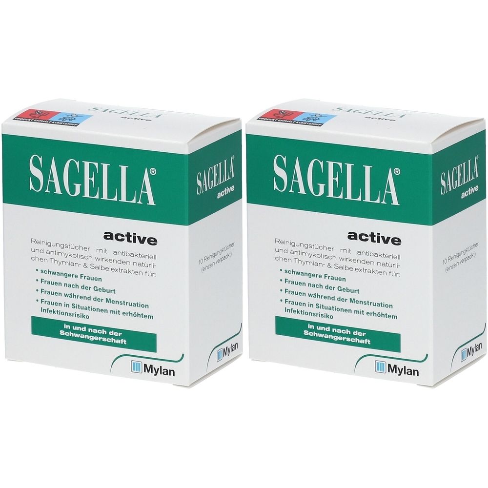 Zwei weiße Kartons mit grüner Schrift. Aufschrift: SAGELLA active. Text in Deutsch. Mylan Logo.